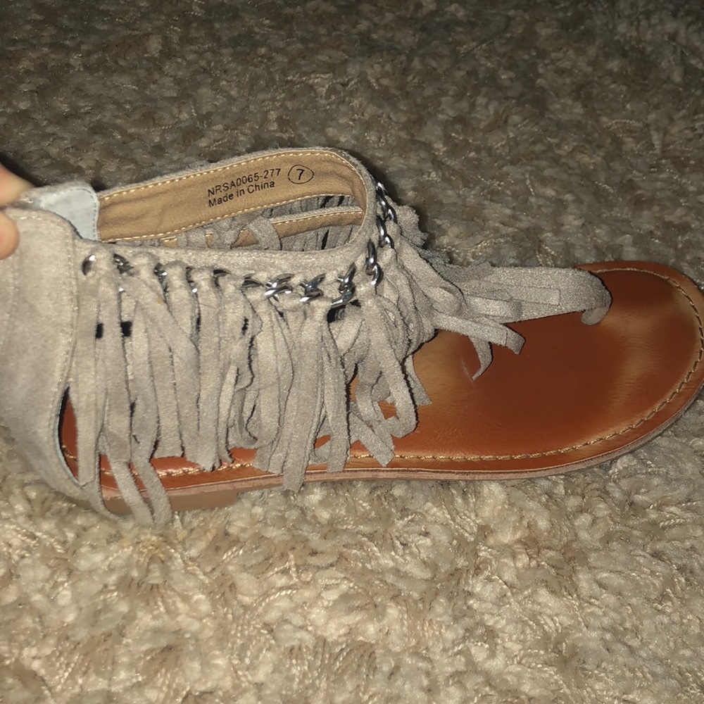Tan suede fringe sandals